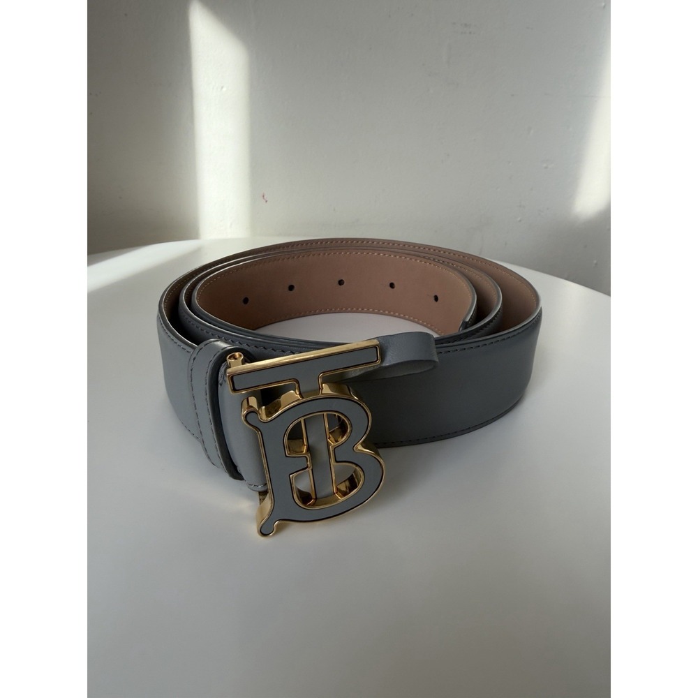 Burberry TB‎ Grey Leather Gold Logo Belt Size L 44.5 Inch
